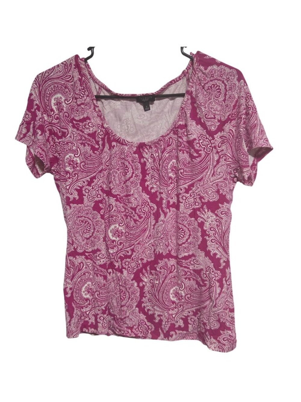 Talbots Petite Blouse Womens Size Large Pink Paisley Scoop Neck Short Sleeve Top